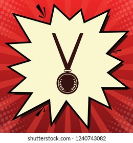 Medal simple sign. Vector. Dark red icon in lemon chiffon shutter bubble at red popart background with rays.