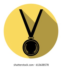 Medal simple sign. Vector. Flat black icon with flat shadow on royal yellow circle with white background. Isolated.