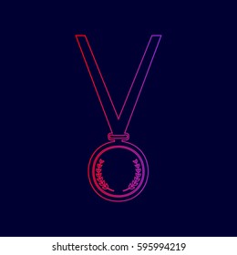 Medal simple sign. Vector. Line icon with gradient from red to violet colors on dark blue background.