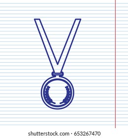 Medal simple sign. Vector. Navy line icon on notebook paper as background with red line for field.