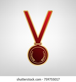 Medal simple sign. Vector. Red icon on gold sticker at light gray background.
