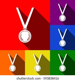 Medal simple sign. Vector. Set of icons with flat shadows at red, orange, yellow, green, blue and violet background.