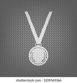 Medal simple sign. Vector. White knitted icon on gray knitted background. Isolated.