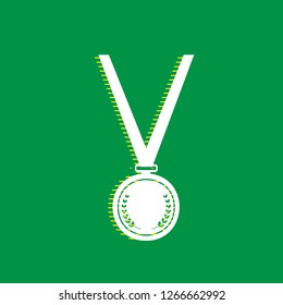 Medal simple sign. Vector. White flat icon with yellow striped shadow at green background.