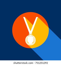 Medal simple sign. Vector. White icon on tangelo circle with infinite shadow of light at cool black background. Selective yellow and bright navy blue are produced.