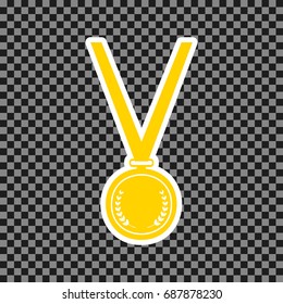 Medal simple sign. Vector. Yellow icon with white contour on dark transparent background.