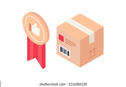 The medal with social network sign finger up and the mailing box. Isometrical style. Flat design illustration. Post office business idea. 