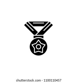 Medal with star black icon concept. Medal with star flat  vector symbol, sign, illustration.