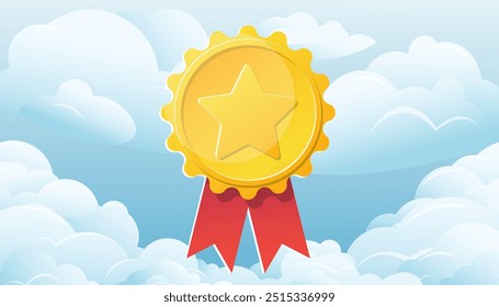 medal with a star in the clouds, an award banner.