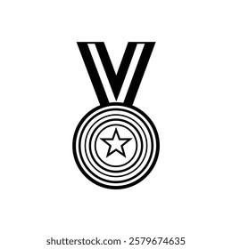 Medal with a star icon in the center and a ribbon at the top.Black and white design