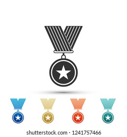 Medal with star icon isolated on white background. Winner achievement sign. Award medal. Set elements in colored icons. Flat design. Vector Illustration
