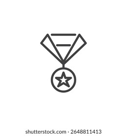 Medalha com ícone de Estrela. Contorno do ícone vetor de uma medalha de prêmio com uma estrela central. Este símbolo representa conquista, honra e recompensa acadêmica.