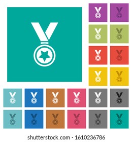 Medal with star multi colored flat icons on plain square backgrounds. Included white and darker icon variations for hover or active effects.