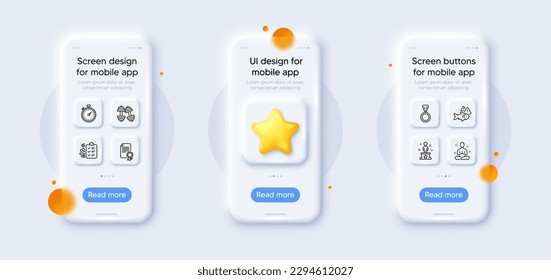 Medal, Success and Certificate line icons pack. 3d phone mockups with star. Glass smartphone screen. Dumbbells, Diet menu, Yoga web icon. Timer, Fish pictogram. For web app, printing. Vector