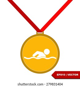 Medal with the symbol of swimming people inside.Vector Illustration isolated on white background.