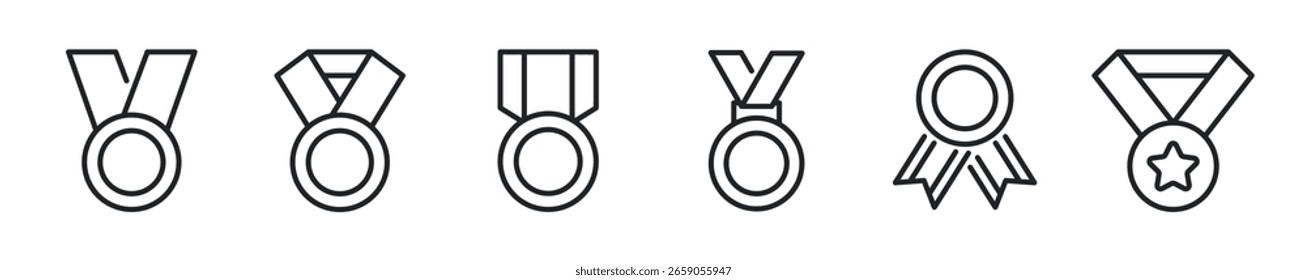 Conjunto de ícones de linha fina da medalha. Conquista, sucesso, ícones mínimos vencedores