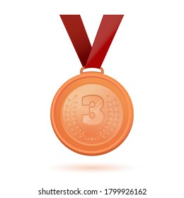 Medal for third place. Bronze badge for 3rd place. Bronze medal with the image of the number 3 and an olive branch. Vector illustration