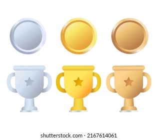 icono de medalla y trofeo para la ilustración del ganador. Plata, bronce, premio, oro, 3d, ceremonia Dibujo vectorial. Estilo dibujado a mano.