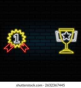 medal and trophy icon.neon style.. Medal. Simple sketch style for app and network design element. winner, prize, champion, contest, Won concept.