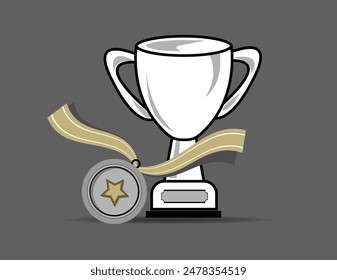 Medalla y trofeo aislados sobre fondo gris, Trofeo y Ilustración vectorial de Clipart de medalla, Conjunto de premios, trofeo y medalla de arte de estilo de dibujos animados en blanco y negro. campeones de arte de Clip para maqueta