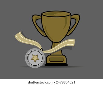 Medalla y trofeo aislados sobre fondo gris, Trofeo y Ilustración vectorial de Clipart de medalla, Conjunto de premios, trofeo y medalla de arte de estilo de dibujos animados en blanco y negro. campeones de arte de Clip para maqueta