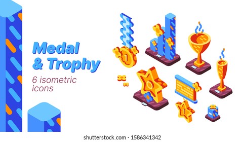 Medal and trophy isometric icons set. Golden goblets, cups, stars and charts on wooden pedestals, winners awards for first place in sports or business corporate competition. 3d vector illustration