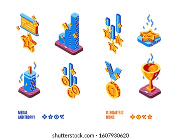Medal and trophy isometric icons set. Golden goblets, cups, stars and charts on wooden pedestals, winners awards for first place in sports or business corporate competition. 3d vector illustration