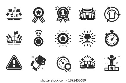 Medal, Trophy and Winner cup icons simple set. Best result, Arena stadium and Reward signs. Sports arena, Timer and Ole chant symbols. Winner ribbon, Change clothes. Best trophy, Timer award. Vector