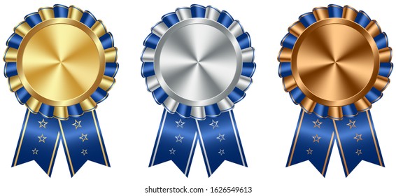 Medal vector Award Ribbon set in gold, silver and bronze with blue rosette on white isolated background.