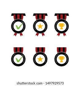 Medal vector icon logo and  ribbon tape. With check mark, star, and champion win cup in middle. For certificate, licence, guarantee product and aggreement, vintage modern look. 