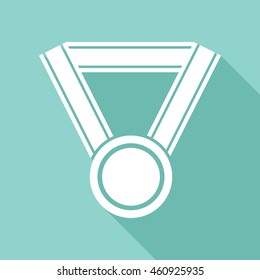 Medal vector icon with long shadow. White illustration isolated on green background for graphic and web design.