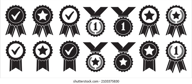 Medal-Vektorsymbol-Set. Genehmigungszeichen, zertifiziert, qualifiziert, das beste, Prüfzeichen und Nummer eins. Vektorsignatur-Set mit Abzeichen, Rosette und Emblem.
