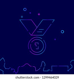 Medal Vector Line Icon. First Place Gradient Symbol, Pictogram, Sign. Dark Blue Background. Light Abstract Geometric Background. Related Bottom Border
