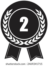 Medal Vector ribbon, 2nd Award black, 2nd Prize, Challenge Award, Medal Award winner, Second place trophy, Coin winner
