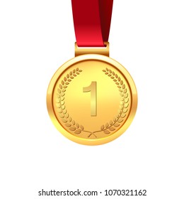 Medal of the winner. Gold medal with red ribbon isolated on white background. Vector illustration.