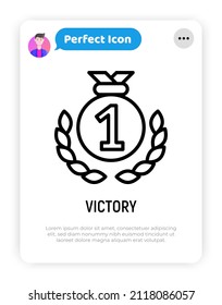 Medal for winner thin line icon. Symbol of victory, success. Sport prize. Modern vector illustration.