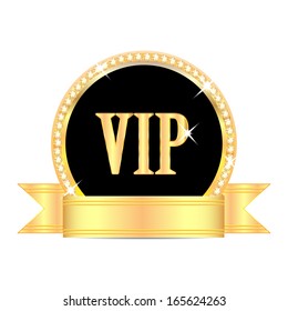 Medal With The Word Vip And Golden Ribbon Isolated On White Background.insignia In Gold With Brilliant Stones.vector