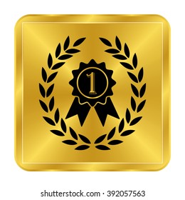 Medal with wreath - black vector icon;  gold button