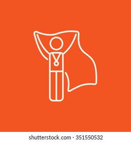Medalist standing with flag line icon for web, mobile and infographics. Vector white icon isolated on red background.