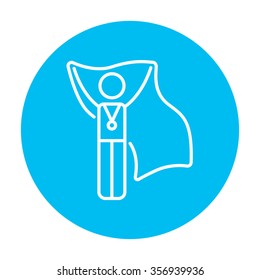 Medalist mit Flaggenzeilensymbol für Web-, Mobil- und Infografiken. Vektorweißes Symbol auf hellblauem Kreis, einzeln auf weißem Hintergrund.