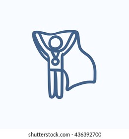 Medalist standing with flag vector sketch icon isolated on background. Hand drawn Medalist standing with flag icon. Medalist standing with flag sketch icon for infographic, website or app.