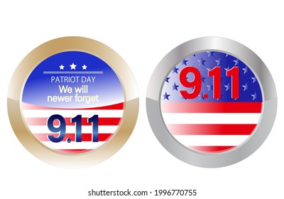 A medal-like graphic with the motif of the terrorist attacks in the United States on September 11, 2001.　Stars and stripes background.