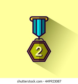 Medallion award 2nd winner flat design icon with long shadow. Vector illustration.