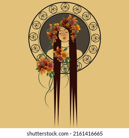 Medallion beautiful young girl goddess queen fairy empress sorceress soothsayer in magical plants and flowers with long hair