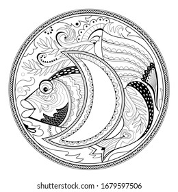 Medallion with fantastic fairyland fish. Black and white page for coloring book for children and adults. Modern print for coins, fashion, embroidery, decoration, tattoo. Hand-drawn vector image.