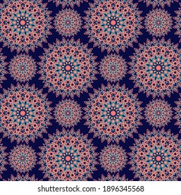 Diseño vectorial de azulejos o papel pintado de Medallion floral. El caleidoscopio circular da forma a los motivos. Patrón de fondo decorativo.