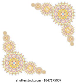 Medallion flower pattern card frame template vector design. Circle folk shapes motifs. Retro background pattern.