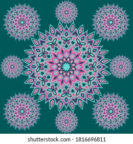 Diseño vectorial de azulejos de flores de medallón o papel pintado. Motivos de los elementos aztecos del círculo. Patrón de fondo retro.