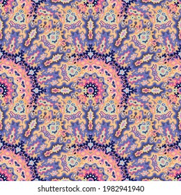 Patrón sin fisuras de flores de medallón. Composición del vector folk indio. Tejer un adorno geométrico y armonioso kaleidoscopio bohemio. Envolviendo papel impreso.