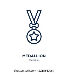 Medaillon-Ikone aus der Bildungs-Sammlung. Dünne lineare Medaille, Emblem, Farbbandkontur Symbol einzeln auf weißem Hintergrund. Zeilenvektorsymbol, Symbol für Web und Mobile